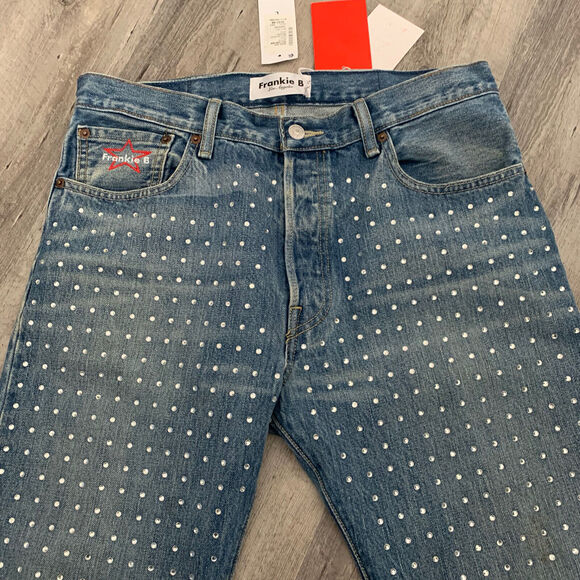Frankie B Large All Over Studded Jean Straight Button Fly Released Hem 34 $395 - Picture 2 of 13